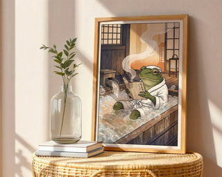 Zen Frog Bathing Poster – Vintage Japanese Editorial Wall Art Print — frame-486