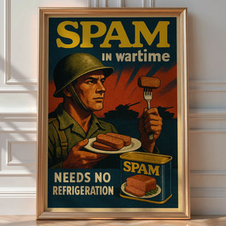 SPAM in Wartime Poster | Funny Retro Food Ad Print with Soldier Artwork | Vintage Kitchen or Man Cave Wall Art | Bold Art Always - Just Great Posters