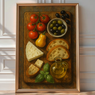 Mediterranean Kitchen Poster | Rustic Food Still Life Wall Art with Cheese, Olives & Tomatoes | Cozy Culinary Print | Bold Art - Just Great Posters
