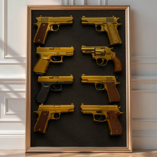 Golden Pistols Poster | Luxury Weapon Grid Wall Art with Bold Gold on Black Design | Edgy Modern Statement Print | Bold Art Always - Just Great Posters