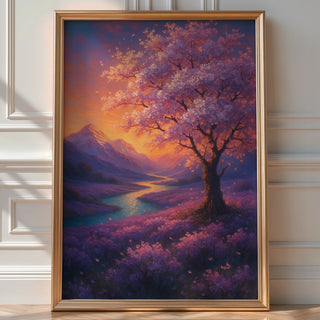 Sunset Blossom Tree Poster | Dreamy Landscape Wall Art with Lavender Fields & River | Fantasy Nature Print | Bold Art Always - Just Great Posters