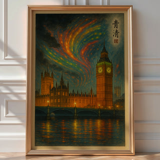 London Big Ben Aurora Poster | Surreal Night Sky Wall Art with Parliament & River Thames | Fantasy City Print | Bold Art Always - Just Great Posters
