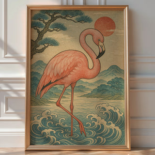 Flamingo Wall Art Print – Japanese Woodblock Style Tropical Bird with Sunset and Waves, Elegant Nature Poster, Bold Art - Just Great Posters