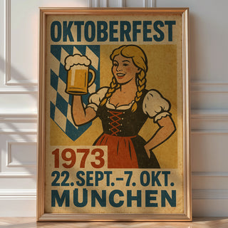 Oktoberfest 1973 Poster – Vintage German Beer Festival Wall Art with Dirndl & Bavarian Charm, Retro Munich Decor, Bold Art - Just Great Posters