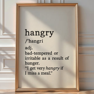 Hangry Definition Wall Art – Funny Kitchen Decor or Gift, Black and White Typography Print for Foodies, Snackers or Office Break Rooms - Just Great Posters