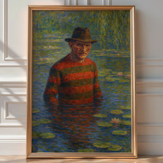 Freddy Monet Poster – Funny Horror Art Mashup, Impressionist Water Lilies Parody Print for Halloween, Goth or Cult Film Decor - Just Great Posters