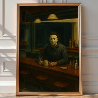 Horror Diner Poster – Horror Movie Mashup Wall Art, Edward Hopper Style Halloween Print for Fans of Slasher Films and Fine Art - Just Great Posters