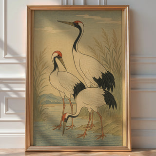 Japanese Cranes Poster – Ukiyo - e Style Nature Wall Art, Traditional Japanese Wildlife Print for Zen Decor, Calm Interiors or Japandi Homes - Just Great Posters