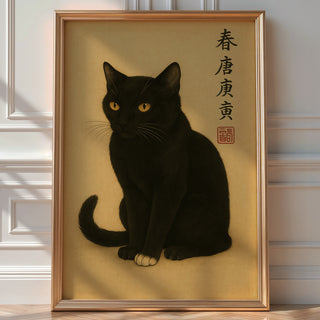 Japanese Black Cat Poster – Minimalist Ink Style Animal Wall Art, Mystical Zen Feline Print for Witchy, Wabi - Sabi, or Spiritual Home Decor - Just Great Posters
