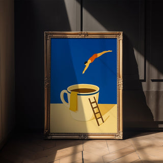 Coffee Dive Wall Art – Surreal Minimalist Poster for Caffeine Lovers & Dreamers - Just Great Posters