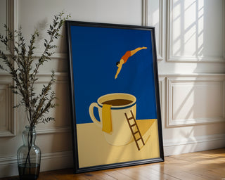Coffee Dive Wall Art – Surreal Minimalist Poster for Caffeine Lovers & Dreamers - Just Great Posters