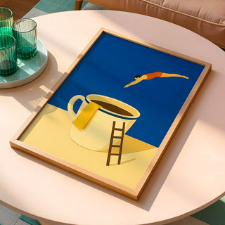 Coffee Dive Wall Art – Surreal Minimalist Poster for Caffeine Lovers & Dreamers - Just Great Posters