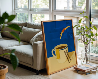 Coffee Dive Wall Art – Surreal Minimalist Poster for Caffeine Lovers & Dreamers - Just Great Posters