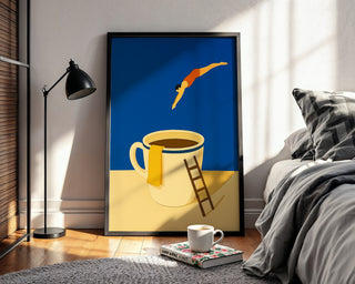 Coffee Dive Wall Art – Surreal Minimalist Poster for Caffeine Lovers & Dreamers - Just Great Posters