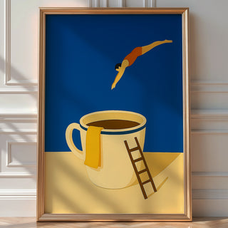 Coffee Dive Wall Art – Surreal Minimalist Poster for Caffeine Lovers & Dreamers - Just Great Posters