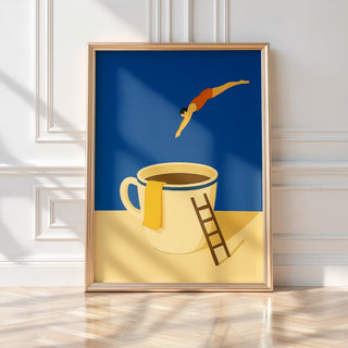 Coffee Dive Wall Art – Surreal Minimalist Poster for Caffeine Lovers & Dreamers - Just Great Posters