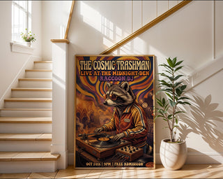 Cosmic Vinyl Raccoon Poster – 70s Funk Wall Art Print — frame-267
