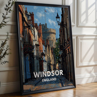 Framed poster of Windsor, England on a wall with decorative elements.