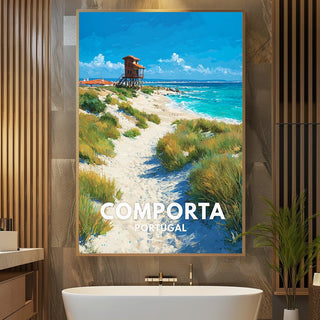 Modern bathroom with a large painting of a beach scene on the wall, featuring the word 'Comporta'.