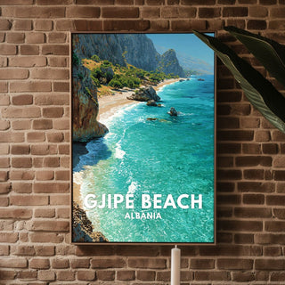 Framed picture of Guje Beach Albania on a brick wall above a white ottoman.