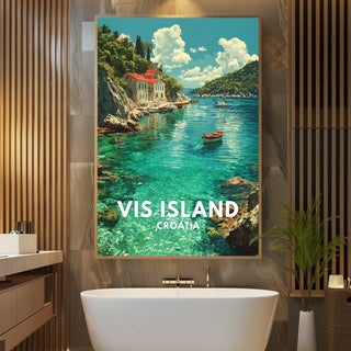 Bathroom with a large framed picture of Vis Island, Croatia on the wall.