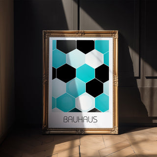 Hexagon Harmony Bauhaus Poster – Turquoise & Black Geometric Wall Art - Just Great Posters