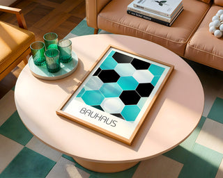 Hexagon Harmony Bauhaus Poster – Turquoise & Black Geometric Wall Art - Just Great Posters