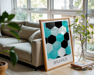 Hexagon Harmony Bauhaus Poster – Turquoise & Black Geometric Wall Art - Just Great Posters