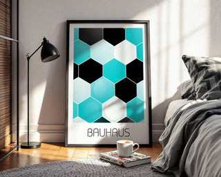 Hexagon Harmony Bauhaus Poster – Turquoise & Black Geometric Wall Art - Just Great Posters