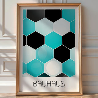 Hexagon Harmony Bauhaus Poster – Turquoise & Black Geometric Wall Art - Just Great Posters