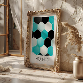 Hexagon Harmony Bauhaus Poster – Turquoise & Black Geometric Wall Art - Just Great Posters