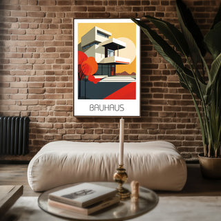 Autumn Geometry Bauhaus Poster – Bold Modernist House with Fall Palette - Just Great Posters