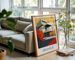 Autumn Geometry Bauhaus Poster – Bold Modernist House with Fall Palette - Just Great Posters