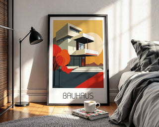 Autumn Geometry Bauhaus Poster – Bold Modernist House with Fall Palette - Just Great Posters