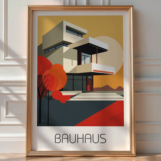 Autumn Geometry Bauhaus Poster – Bold Modernist House with Fall Palette - Just Great Posters