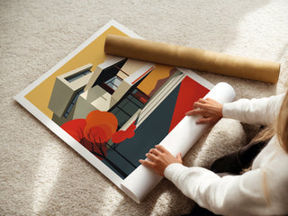 Autumn Geometry Bauhaus Poster – Bold Modernist House with Fall Palette - Just Great Posters