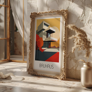 Autumn Geometry Bauhaus Poster – Bold Modernist House with Fall Palette - Just Great Posters