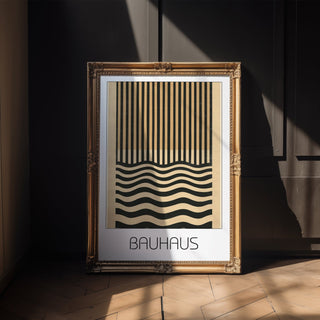 Dual Rhythm Bauhaus Poster – Vertical Meets Wave Abstract in Black & Tan - Just Great Posters