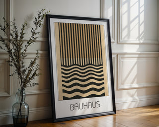 Dual Rhythm Bauhaus Poster – Vertical Meets Wave Abstract in Black & Tan - Just Great Posters