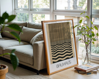 Dual Rhythm Bauhaus Poster – Vertical Meets Wave Abstract in Black & Tan - Just Great Posters