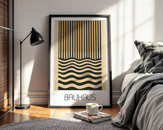 Dual Rhythm Bauhaus Poster – Vertical Meets Wave Abstract in Black & Tan - Just Great Posters
