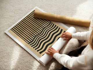 Dual Rhythm Bauhaus Poster – Vertical Meets Wave Abstract in Black & Tan - Just Great Posters