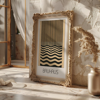 Dual Rhythm Bauhaus Poster – Vertical Meets Wave Abstract in Black & Tan - Just Great Posters