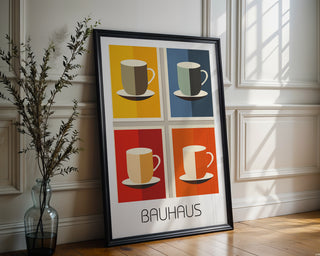 Coffee Pop Bauhaus Poster – Color Block Mug Art in Bold Geometrics - Just Great Posters