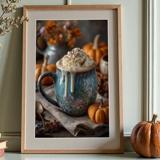 Framed picture of a mug with whipped cream on a table with pumpkins and a vase of dried flowers.