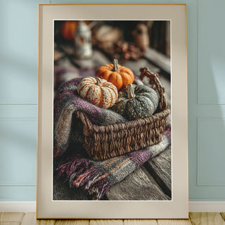 Framed photograph of pumpkins and a basket on a wooden surface with a light blue wall background.