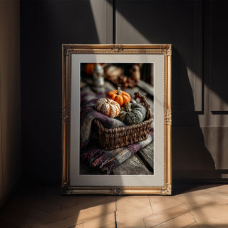 Cozy Basket Poster – Pumpkins & Plaid Still Life - Just Great Posters
