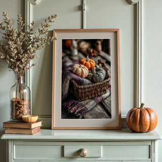 Cozy Basket Poster – Pumpkins & Plaid Still Life - Just Great Posters