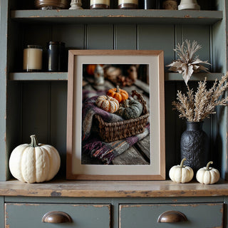 Cozy Basket Poster – Pumpkins & Plaid Still Life - Just Great Posters