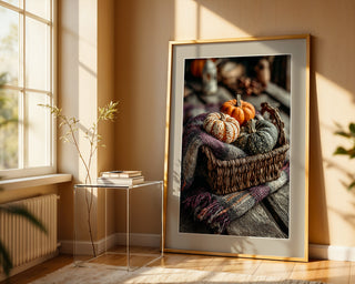 Cozy Basket Poster – Pumpkins & Plaid Still Life - Just Great Posters